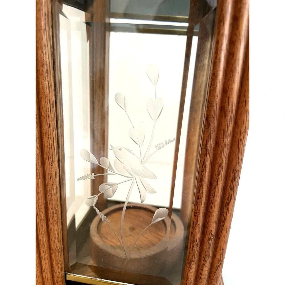Vintage 80s Oak Wood Etched Glass Bird Lantern Tea Light Candle Holder Handmade